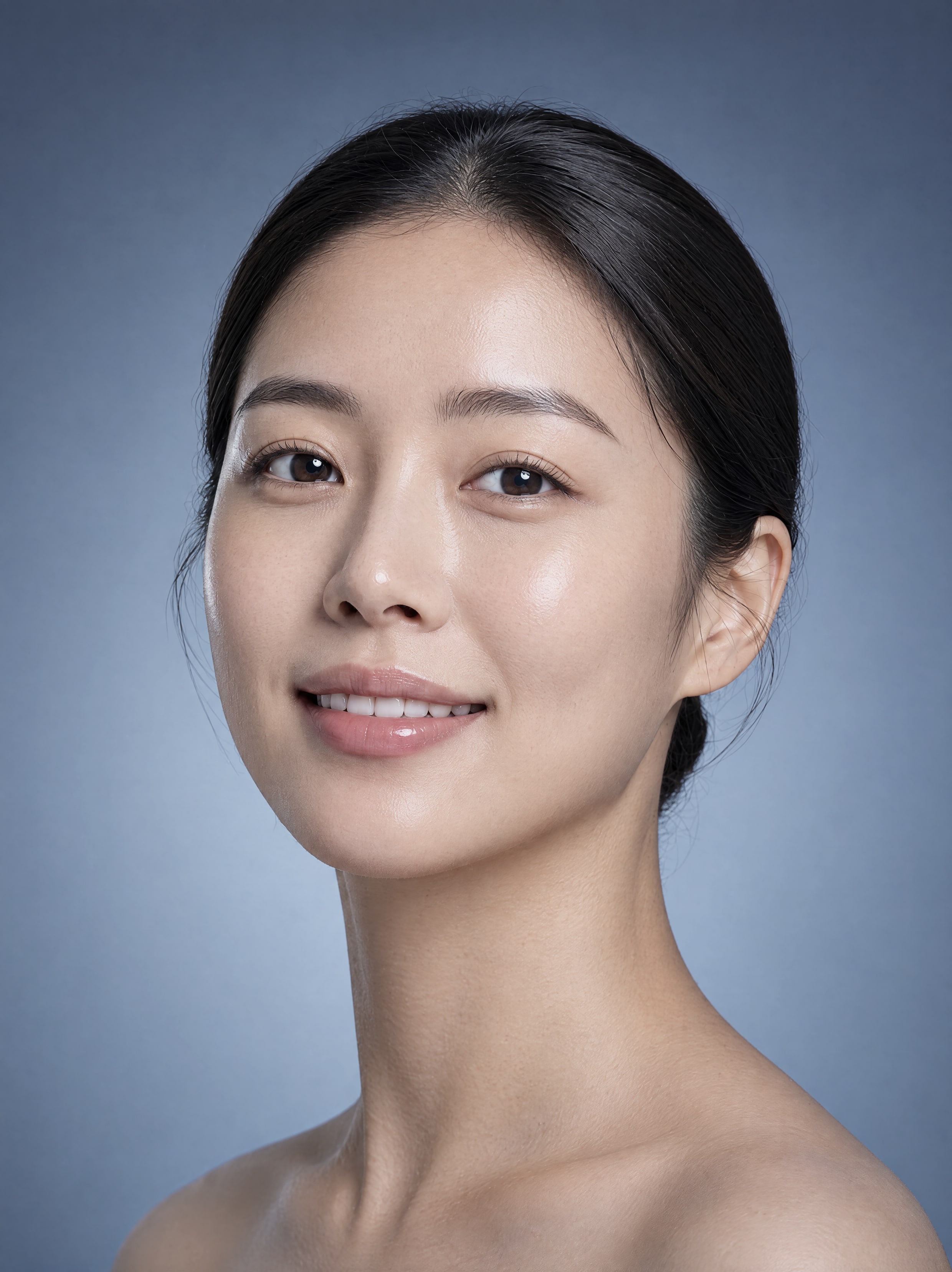 옅게 웃는 얼굴. 표지와 같은 청회색 배경과 조명에서 눈까지 담아 촬영했습니다
